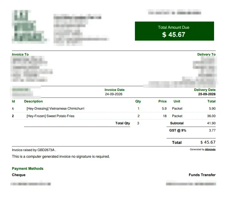 Tax invoice generated by ALT ERP with line items, GST, total and payment methods