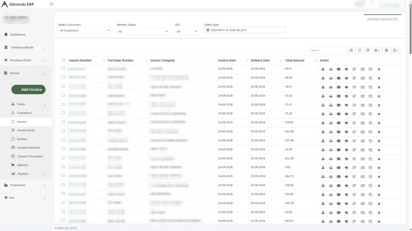 Invoice list in ALT ERP filtered by customer, delivery status, GST and date range