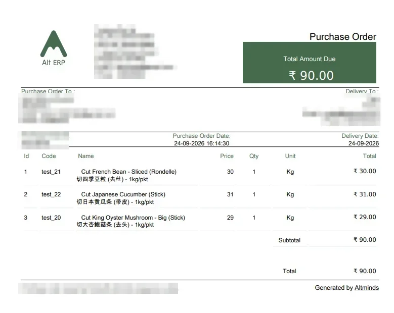 Purchase order document generated by ALT ERP with supplier, delivery details, line items and total