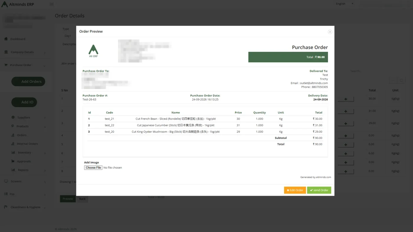 Purchase order preview in ALT ERP showing the supplier, delivery address, line items and total before sending