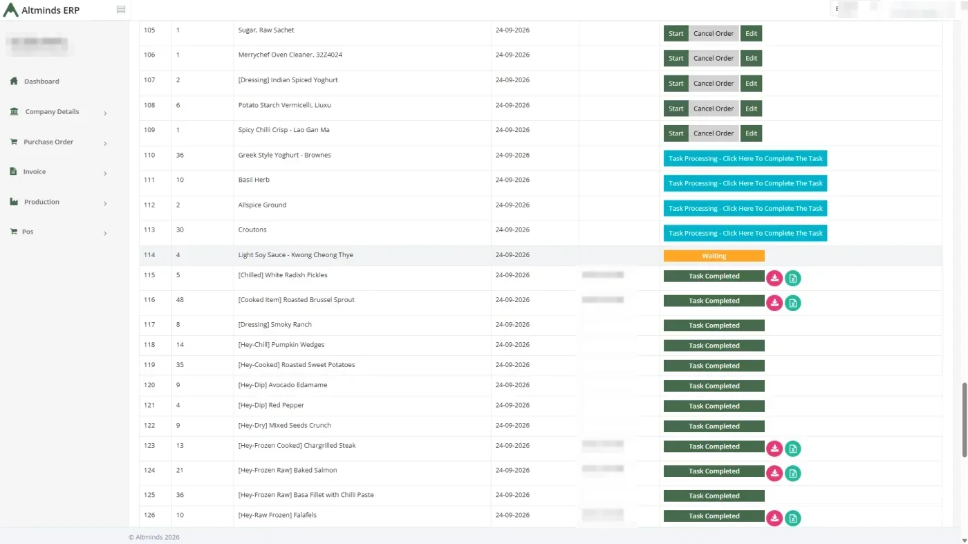 Production task list in ALT ERP with each item waiting, processing or completed