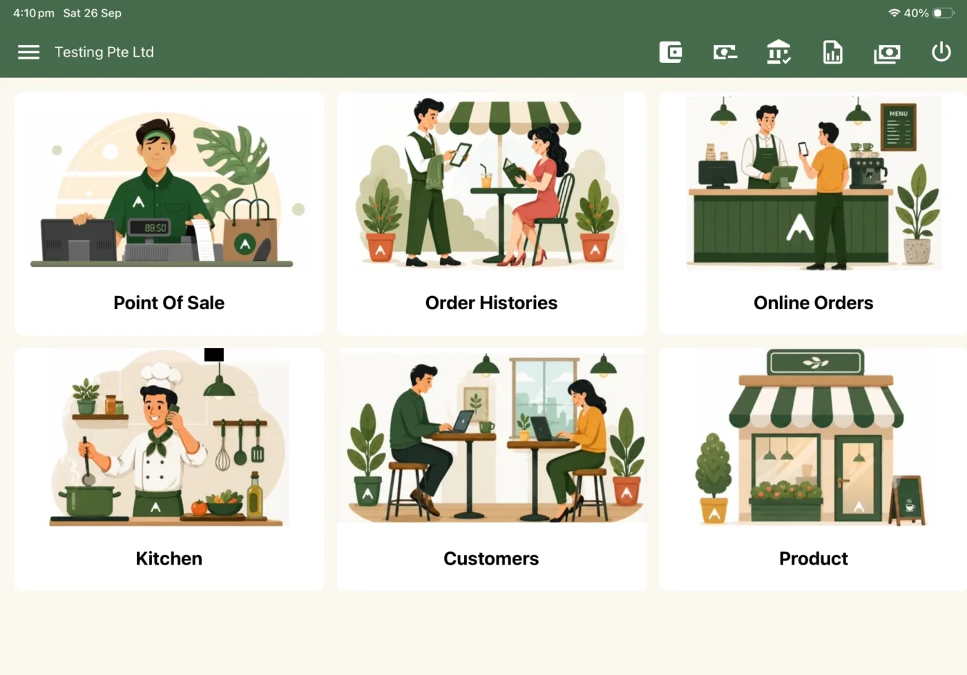 ALT POS home screen with tiles for point of sale, order histories, online orders, kitchen, customers and products
