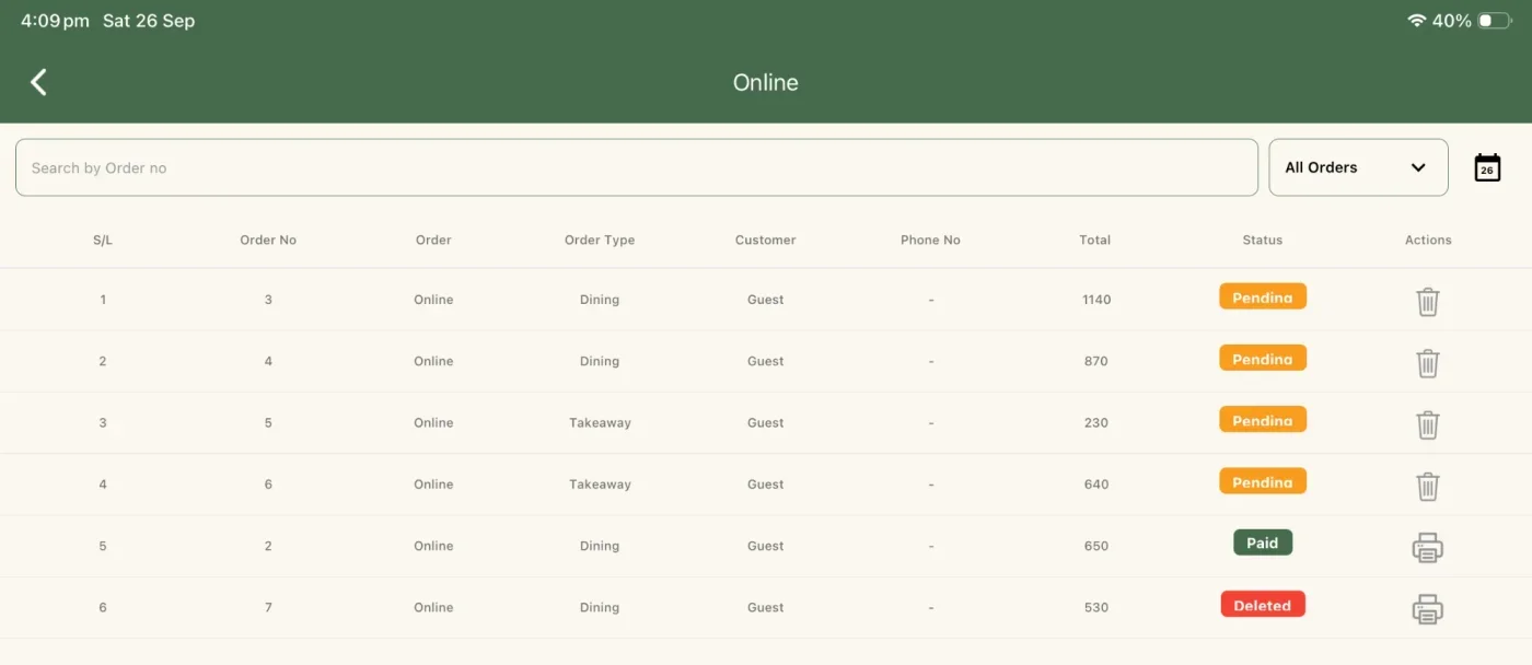 ALT POS online order list showing order number, type, customer, total and status
