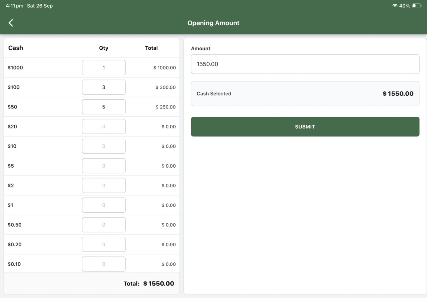 ALT POS opening float screen, counting the drawer by denomination