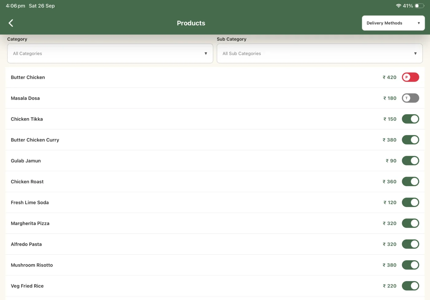 ALT POS product list with a price and an availability switch against every item