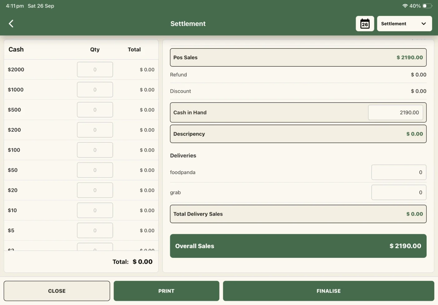 ALT POS settlement screen comparing counted cash against POS and delivery sales