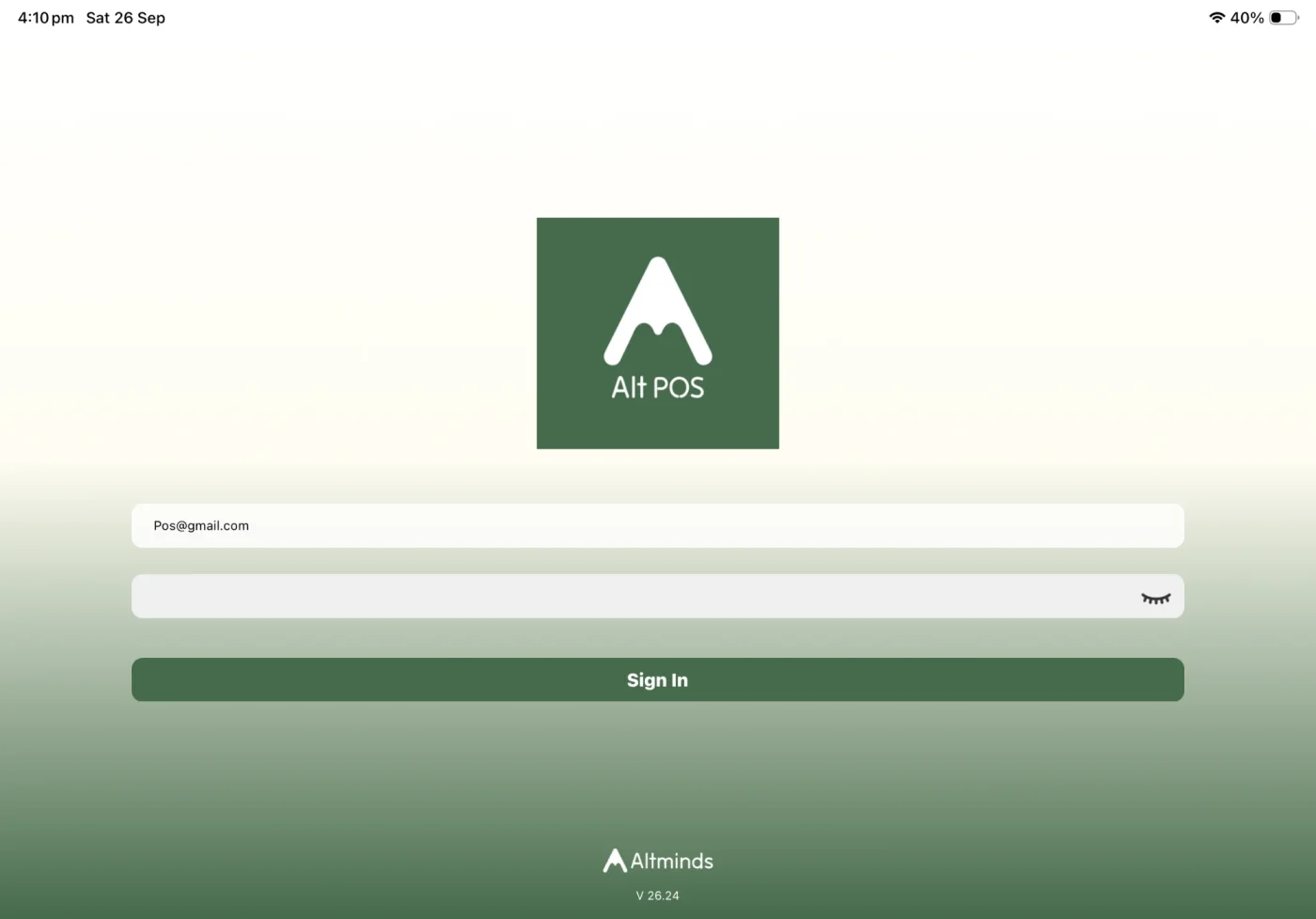 ALT POS sign-in screen on a tablet