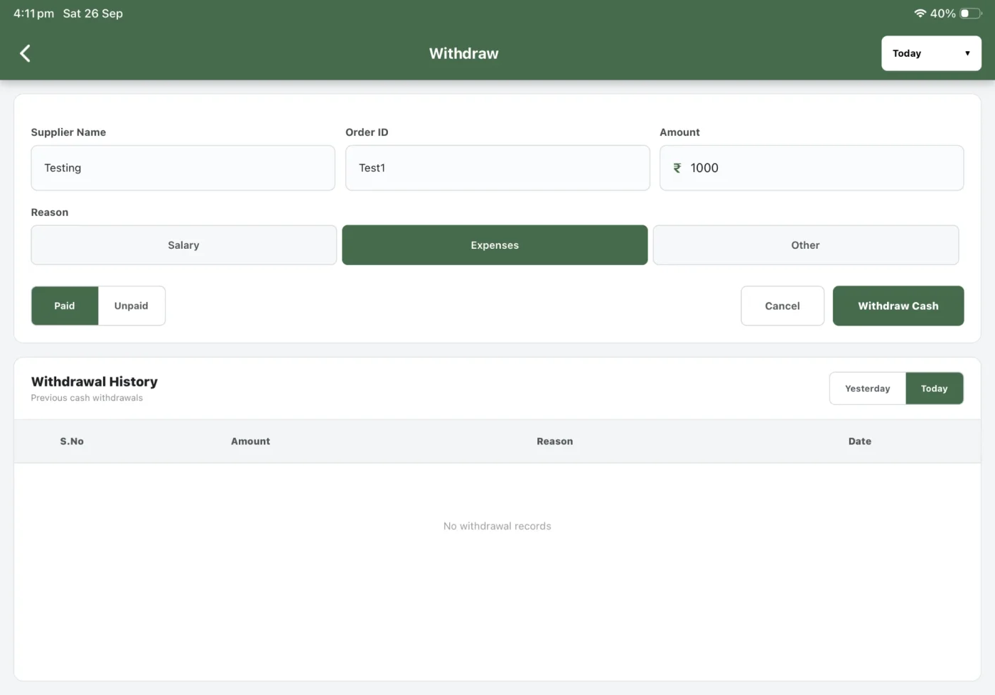 ALT POS cash withdrawal screen with supplier, amount, reason and history