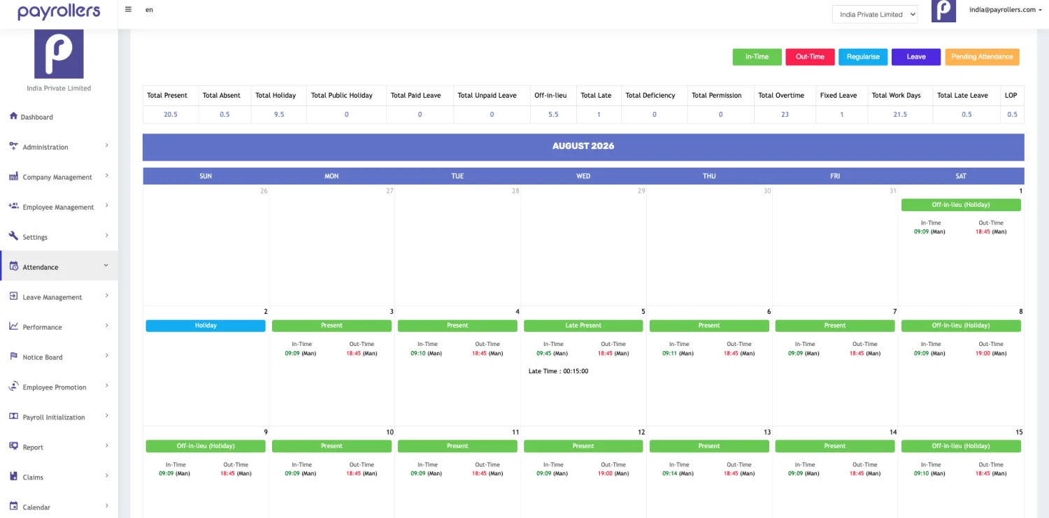 Monthly attendance calendar showing in-time, out-time, late minutes, off-in-lieu and holidays for each day