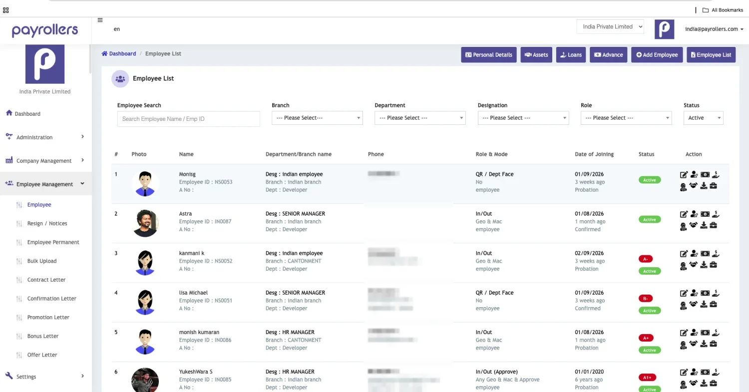 Employee list in Payrollers showing branch, department, designation, punch mode, joining date and status