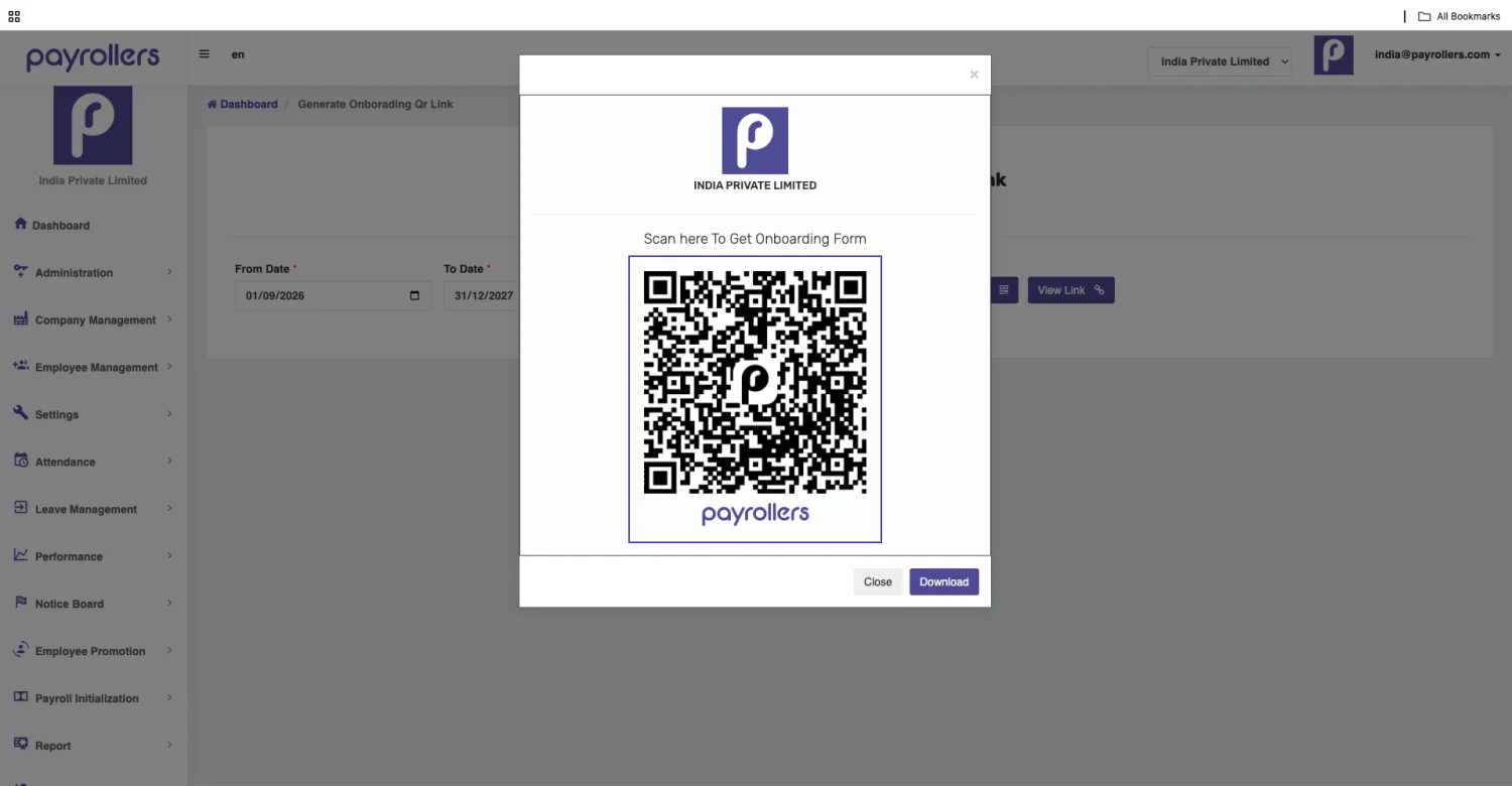 Onboarding QR code generated in Payrollers for a chosen date range, ready to download or share