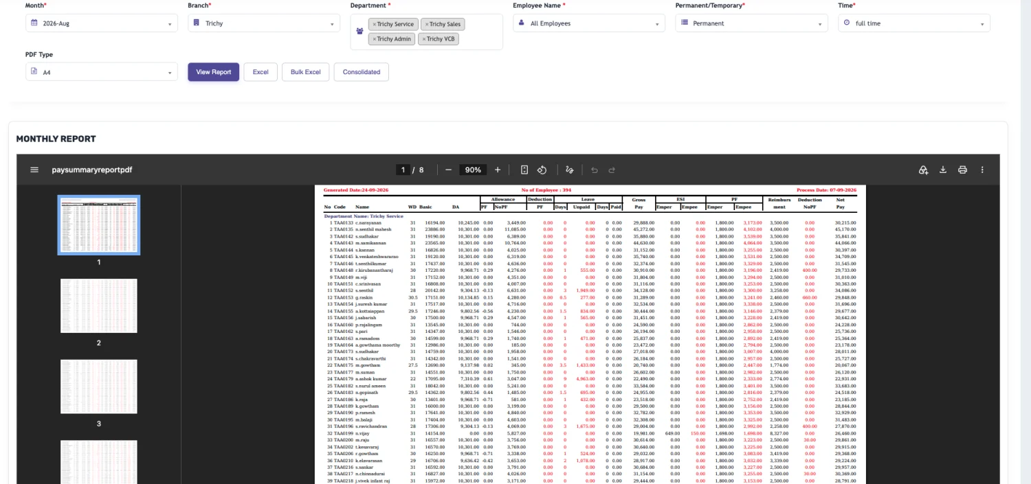 Monthly payroll summary report with basic, allowances, deductions, leave, ESI, PF, reimbursement and net pay per employee