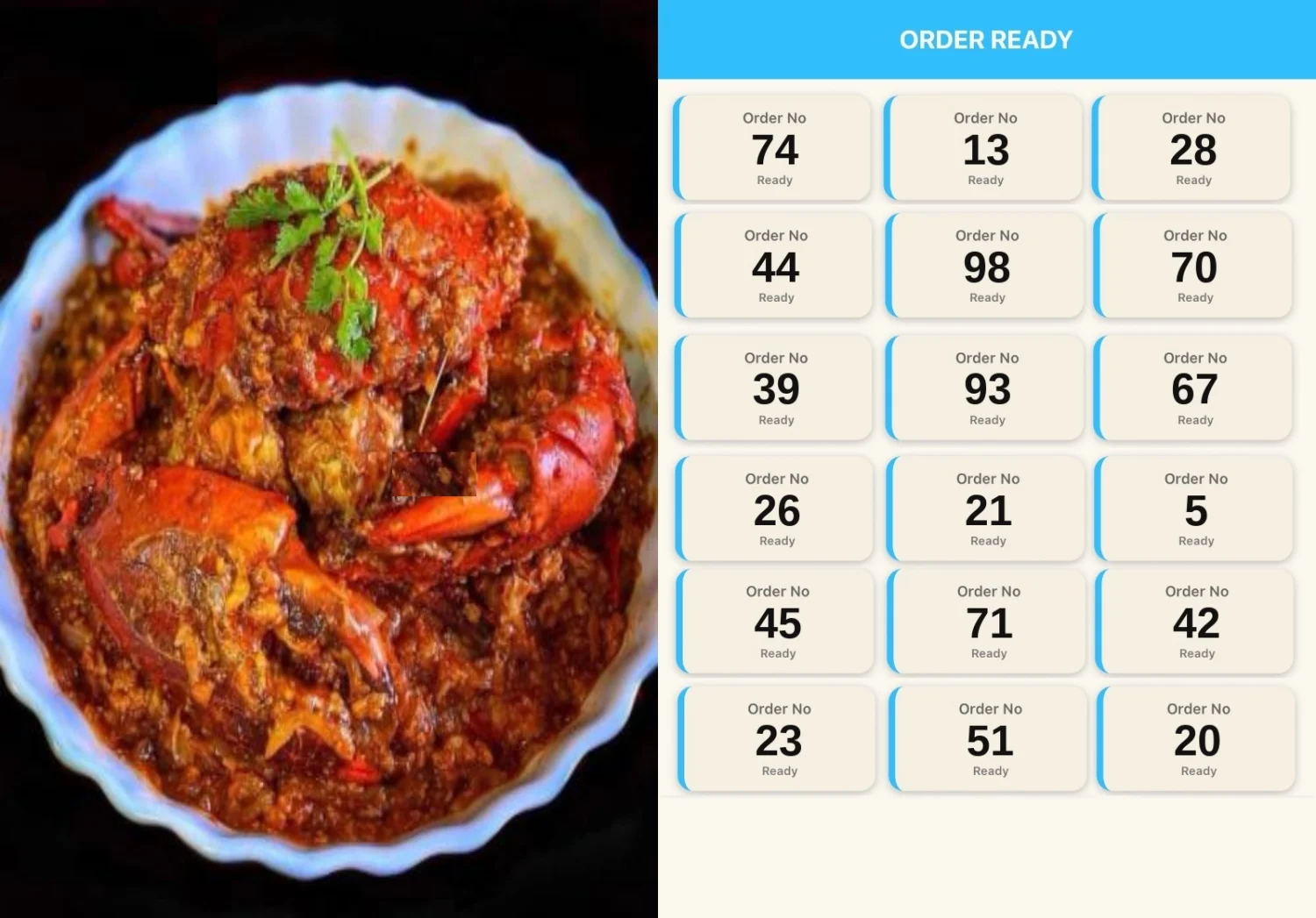 A split screen with a dish photograph on the left and a live Order Ready token board on the right