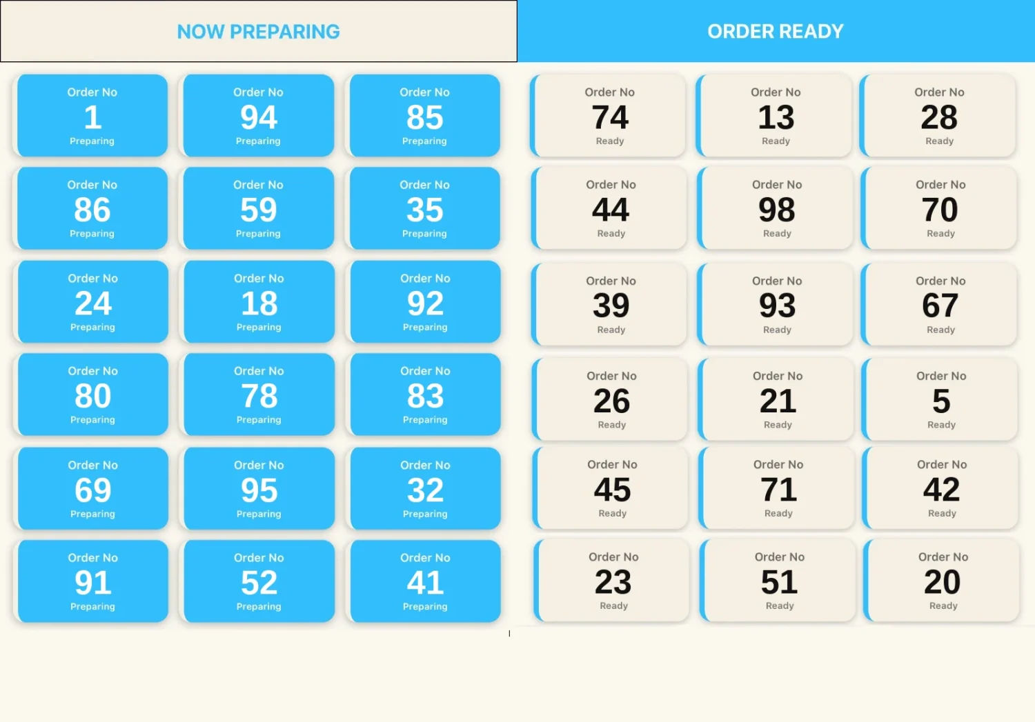 A full-screen token board with Now Preparing on the left and Order Ready on the right