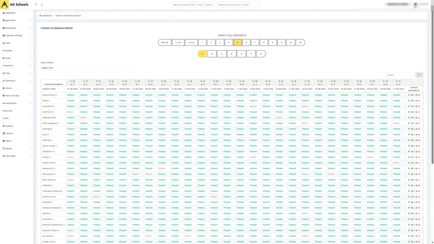 Student attendance report in Alt Schools, a month of present and absent marks for every child in a class
