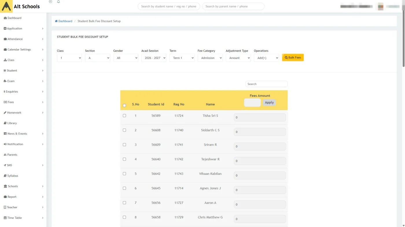 Bulk fee discount setup in Alt Schools, applying an adjustment across a whole class and section at once