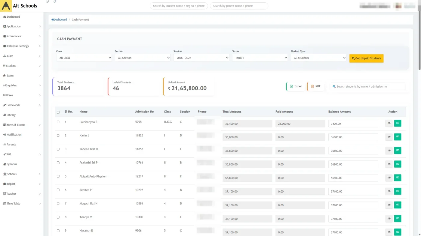Cash payment screen in Alt Schools listing unpaid students with total, paid and balance amounts