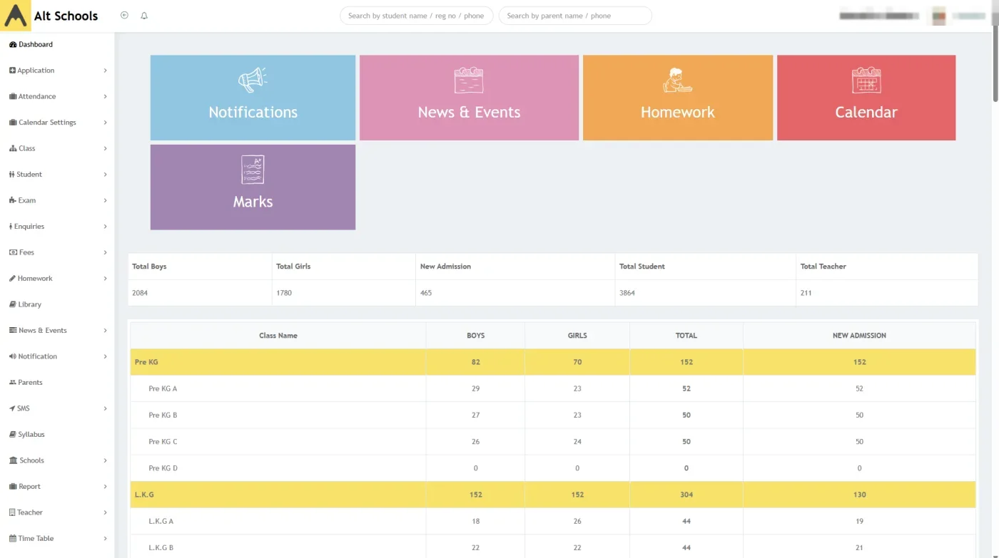 Alt Schools dashboard with notifications, news, homework, calendar and marks, above a class-by-class strength table