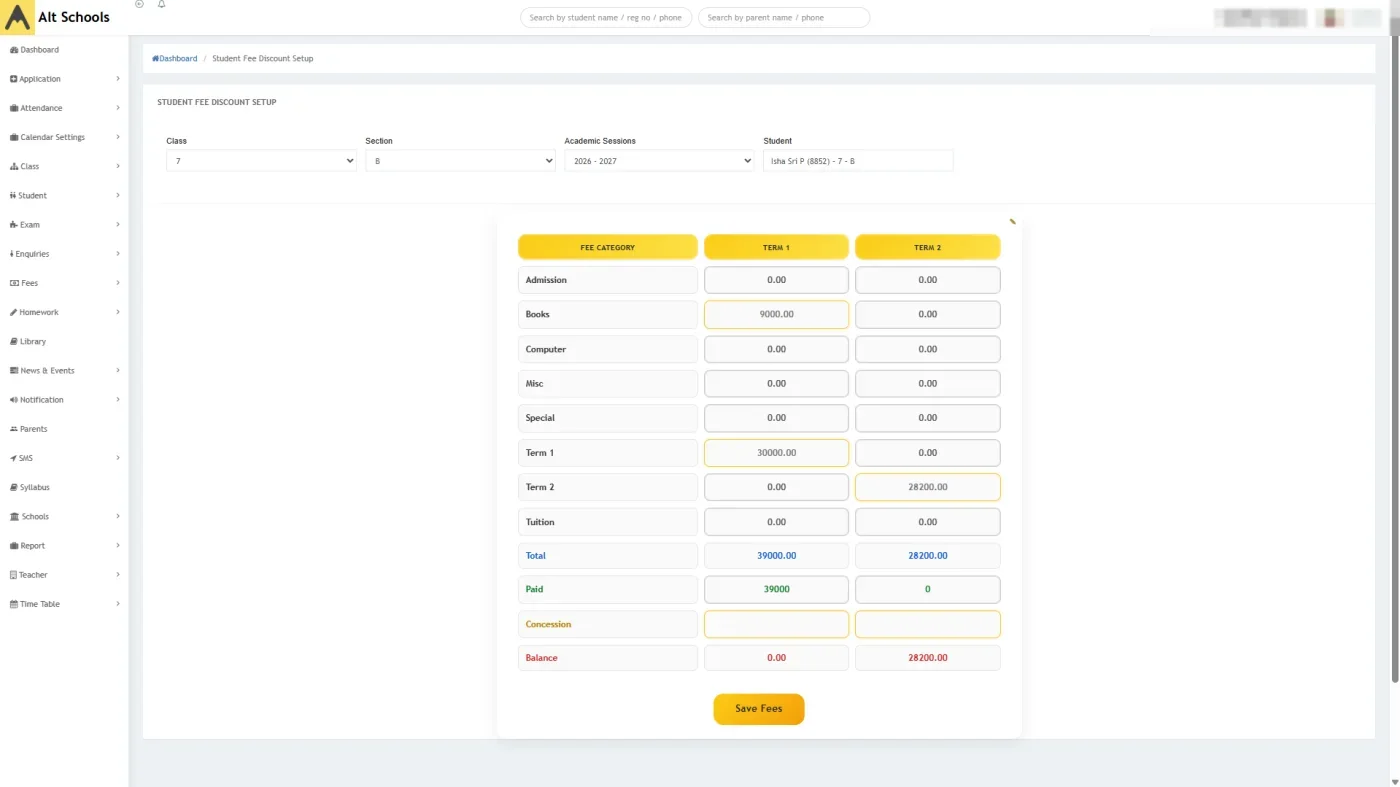 Individual student fee discount setup in Alt Schools showing each fee category by term with concession and balance