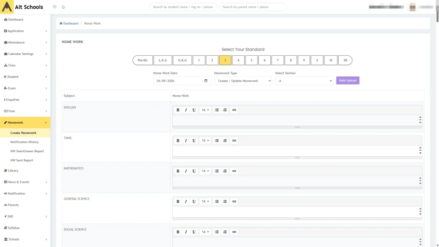 Homework entry screen in Alt Schools with a rich text editor for each subject in the selected standard