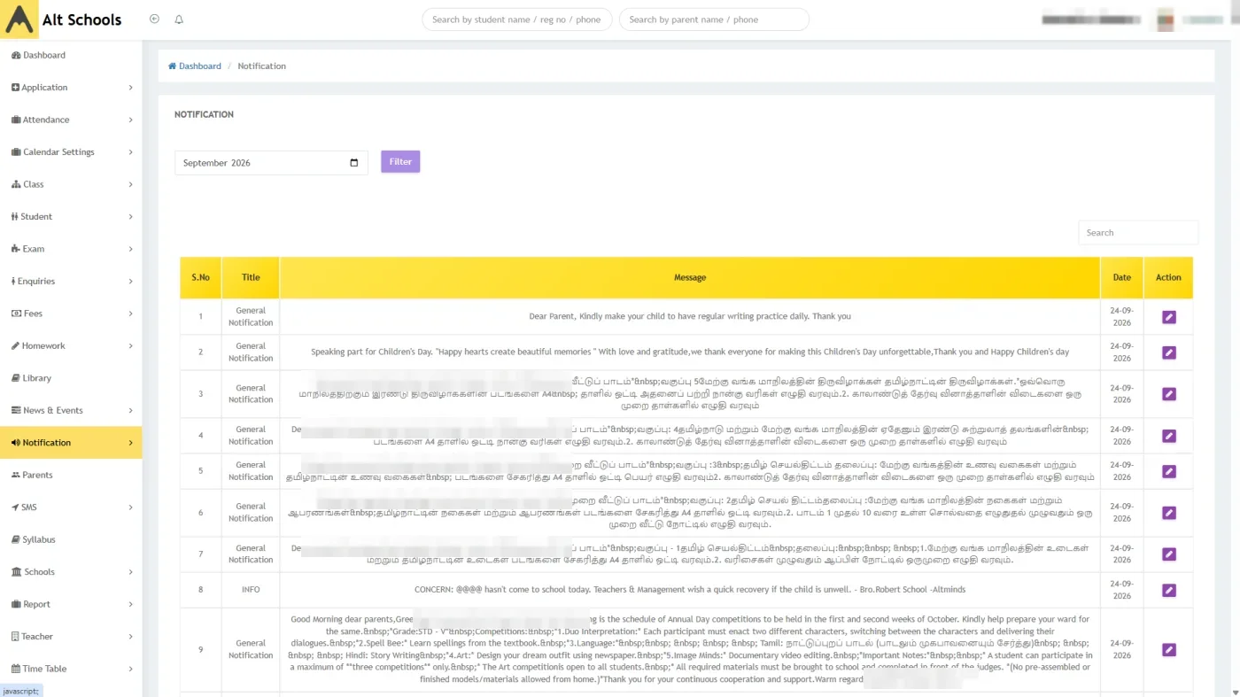 Notification history in Alt Schools listing every message sent to parents with its title and date