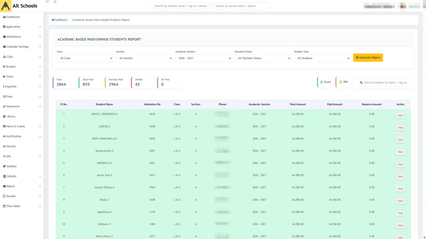 Academic paid and unpaid students report in Alt Schools with totals for paid, partially paid and unpaid