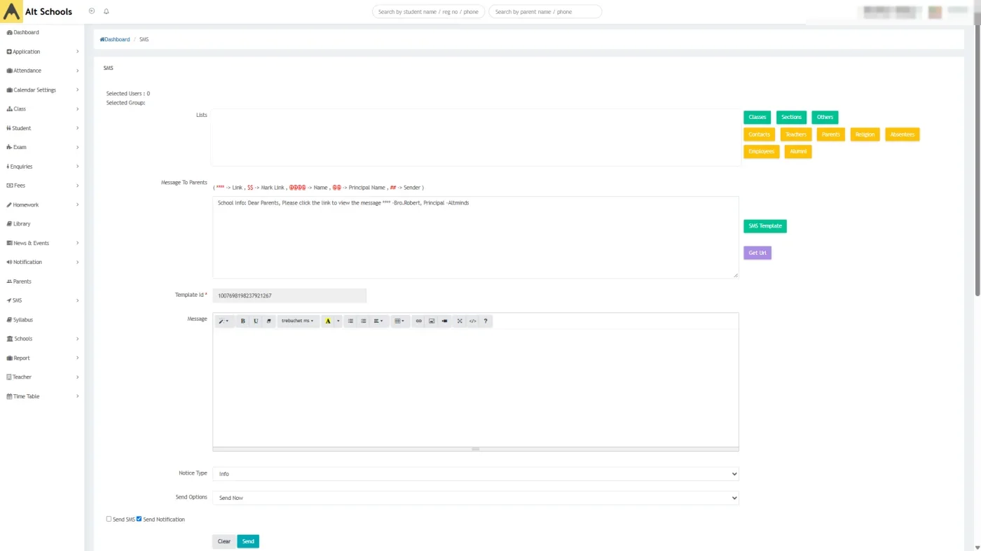 SMS and notification composer in Alt Schools, with recipient groups for classes, sections, parents and teachers
